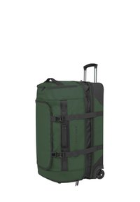 Grüner Stoff-Duffelbag mit schwarzen Akzenten, doppelten Griffen oben, vorderer Reißverschlusstasche und verstellbaren Riemen für einen sicheren Verschluss.