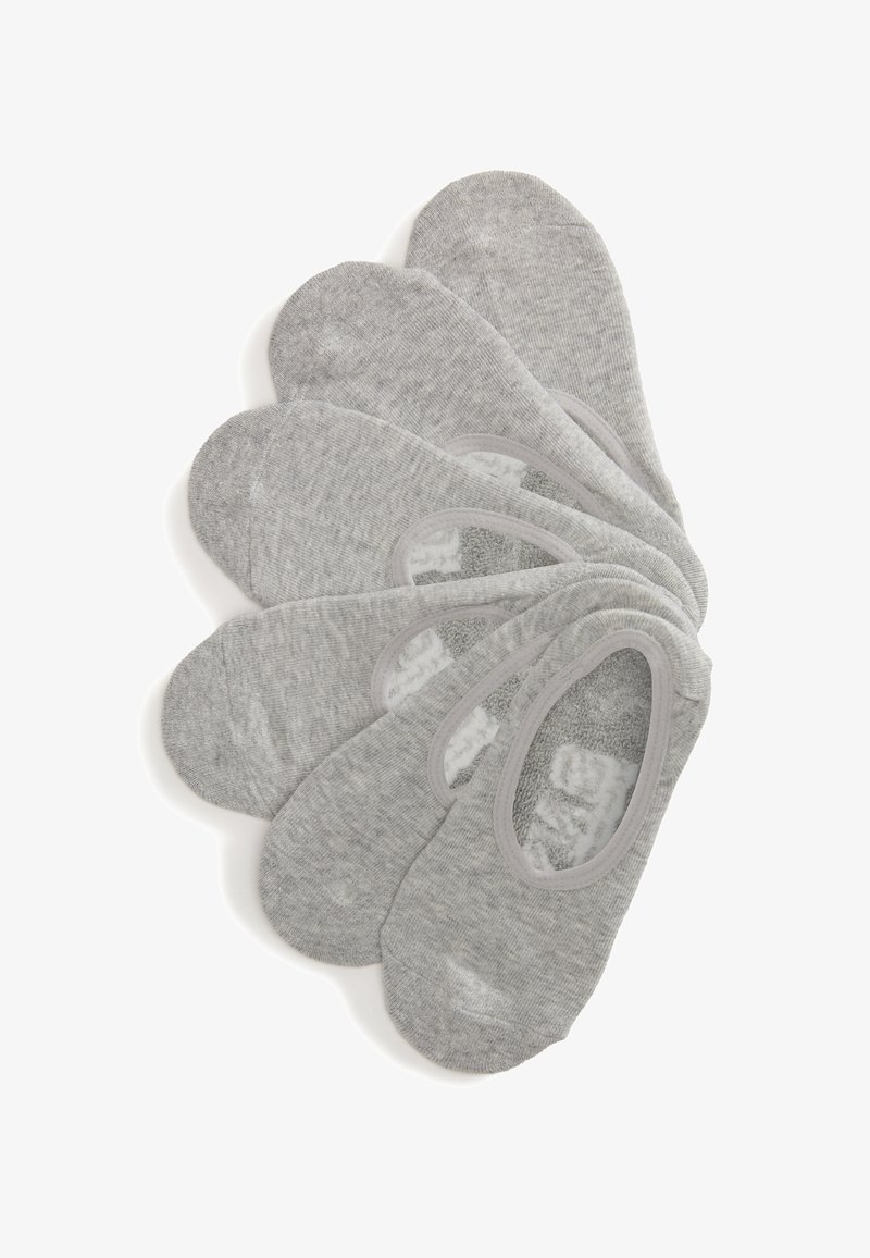 Zestaw sześciu szarych skarpetek typu no-show ułożonych wachlarzowo na białym tle.