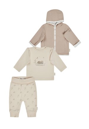 Beige baby set with hooded jacket, long-sleeve shirt featuring a sleeping fox illustration, and floral patterned pants with elastic waist.