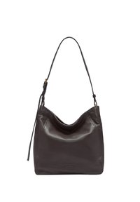 Borsa a spalla in pelle marrone scuro con tracolla regolabile e logo del brand in rilievo sul davanti.