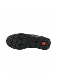Black rubber shoe sole with patterned tread, featuring a red circular detail and a raised logo in the center for traction and grip.