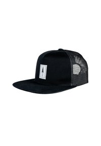 Gorra negra con visera plana, panel frontal de tela con un parche rectangular blanco que presenta un diseño de árbol, paneles de malla en los lados y la parte trasera.