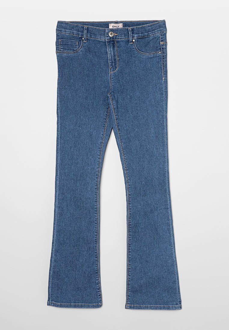 Blauwe denim flared jeans met een middelhoge taille, vijf-pocketontwerp en zichtbare stiksels. Zachte textuur en klassieke afwerking.