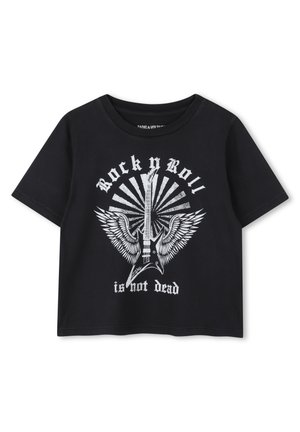 Black cotton t-shirt with a crew neck and short sleeves featuring white graphic print of a guitar and wings, with "Rock n Roll is not dead."