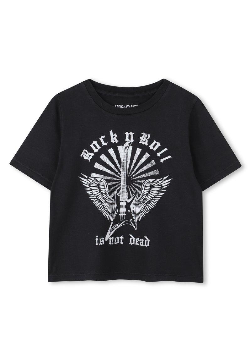 Svart bomullströja med rund hals och korta ärmar, prydd med vit grafisk tryck av en gitarr och vingar, med texten "Rock n Roll är inte död."