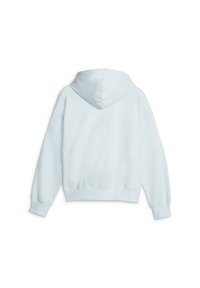 Lichtblauwe cropped hoodie met een zachte textuur, relaxte pasvorm, lange mouwen en een trekkoordkap. Ribgebreide manchetten en onderrand.