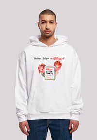 Weißer Baumwollhoodie mit einem Grafikdesign von zwei Kindern und einer Kellogg's Corn Flakes-Box, versehen mit dem Text "Mama!.. hast du Kellogg's gesagt?"