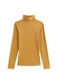 Maglione a collo alto color senape, realizzato in tessuto a coste, con maniche lunghe e design aderente. Tessitura liscia con collo alto.