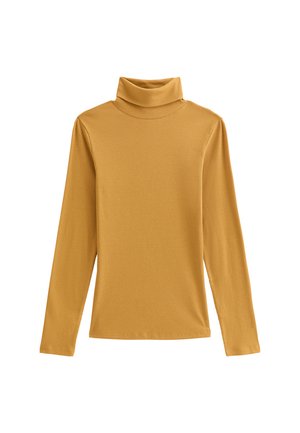 Maglione a collo alto color senape, realizzato in tessuto a coste, con maniche lunghe e design aderente. Tessitura liscia con collo alto.