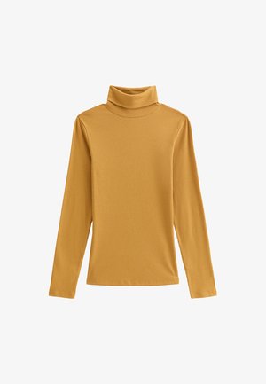 Maglione a collo alto color senape, realizzato in tessuto a coste, con maniche lunghe e design aderente. Tessitura liscia con collo alto.