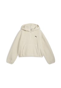 Cremfarbener Fleece-Pullover-Hoodie mit halbem Reißverschluss, Fronttasche und schwarzem Logo. Mit weichem Material und lockerem Schnitt.