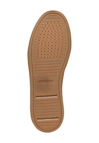 Suela de zapato GEOX, de goma marrón con una superficie texturizada, que incluye agujeros de drenaje, surcos y un tacón redondeado para mayor flexibilidad y agarre.
