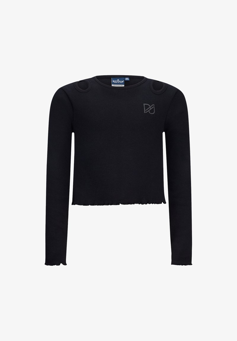 Schwarzer, verkürzter Pullover mit langen Ärmeln aus geripptem Stoff, mit Knöpfen an den Schultern und einem wellenförmigen Saum. Enthält ein dezentes Logo-Detail.