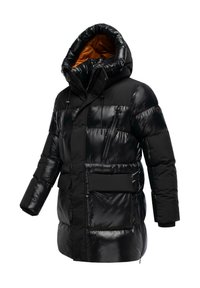 Svart uppblåsbar jacka med glansig finish, stor huva, dragkedja och tryckknappar, flera fickor och en orange innerv lining.