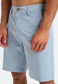 Světle modré šortky s hladkým povrchem, s knoflíkovým zapínáním, bočními kapsami a rovný střih těsně nad koleny.