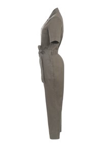 Khaki jumpsuit with short sleeves, belted waist, two front pockets, and a collar. Made from a lightweight, textured fabric.