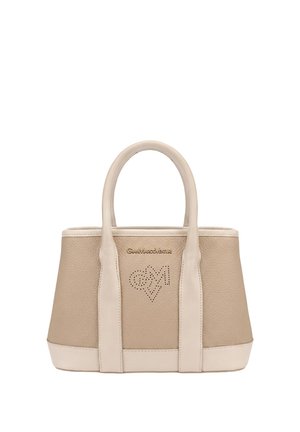 Beige and cream structured leather handbag with two handles, featuring gold "GianMarcoVenturi" logo and perforated heart-shaped GM design on front.