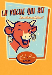 Ilustrace červené krávy s náušnicemi, usmívající se na světlém modrém pozadí. Text zní "La Vache Qui Rit" a "Bel & Bon, Depuis 1921."