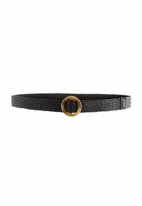 Cinturón negro tejido con una hebilla redonda de tono beige. El cinturón presenta un acabado texturizado y un diseño simple y elegante.