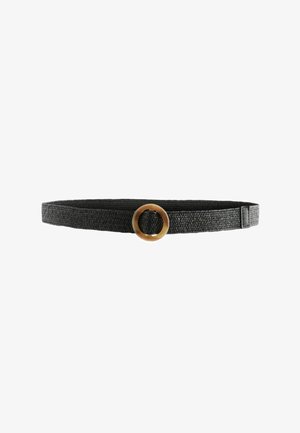 Cintura intrecciata nera con una fibbia rotonda di tonalità beige. La cintura presenta una finitura testurizzata e un design semplice e elegante.