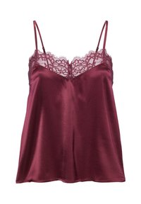 Burgundy silk camisole with lace trim at neckline, thin adjustable straps, smooth texture, and fluid drape. No additional patterns or accents.