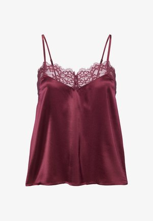 Camisola di seta borgogna con pizzo sul colletto, spalline sottili e regolabili, texture liscia e caduta fluida. Nessun motivo o accento aggiuntivo.