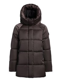 Brun vadderad jacka med hög krage, quiltad design och sidofickor med dragkedja. Tillverkad av slätt, glansigt tyg med en mjuk textur.