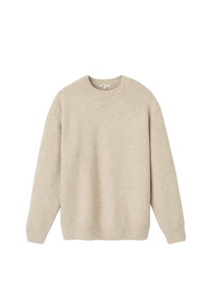 Pull en tricot beige avec un col rond, des manches longues et des poignets côtelés. Texture douce et design simple sans motifs ni accents apparents.