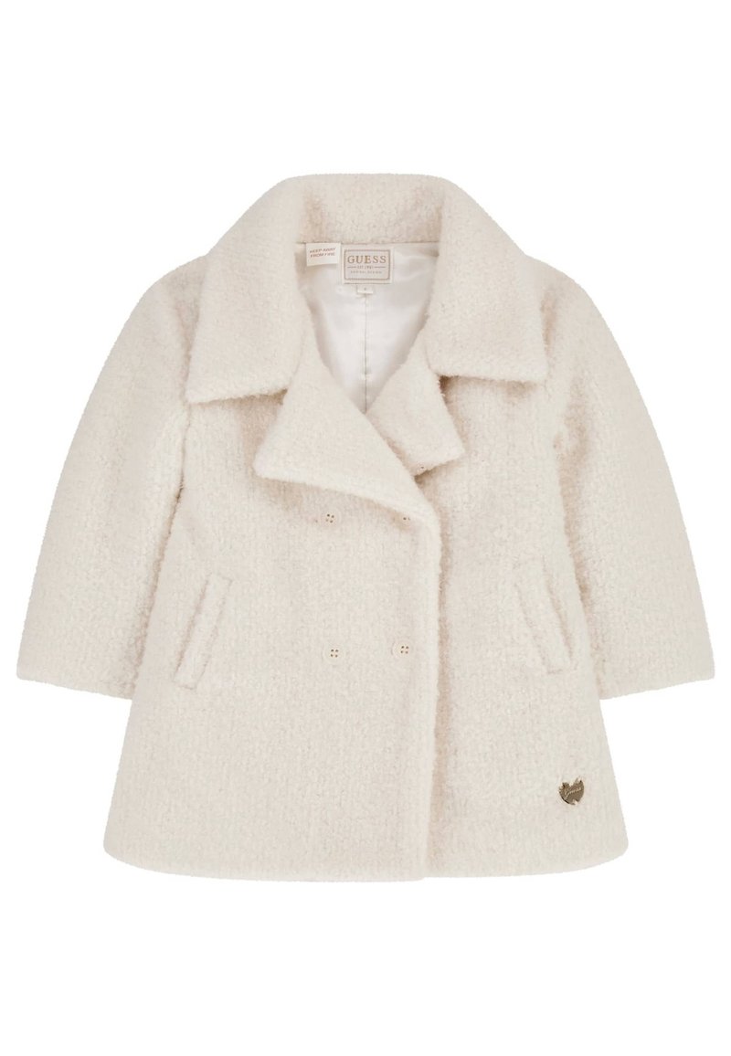 Doppelreihiger, cremefarbener Mantel aus strukturiertem Stoff mit weichem Finish. Verfügt über zwei Vordertaschen und einen Logoakzent in der Nähe des Saums.