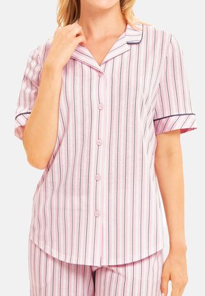 Korte mouwen, knopen-over-pyjamashirt in lichtroze met verticale strepen en marineblauwe accenten. Structuurstof met een relaxte fit.