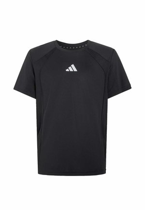 Camiseta deportiva negra de manga corta con cuello redondo y logo blanco de Adidas centrado en el pecho.