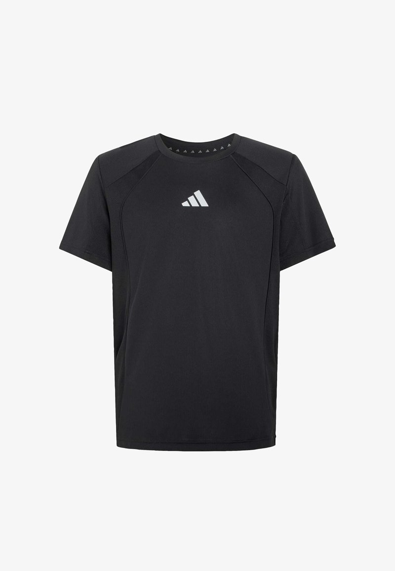 T-shirt de sport noir à manches courtes avec col rond et logo Adidas blanc centré sur la poitrine.