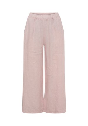 Løse, lyserøde bukser med vide ben, elastisk talje og sidelommer, lavet af et let stof.