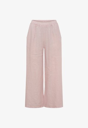 Løse, lyserøde bukser med vide ben, elastisk talje og sidelommer, lavet af et let stof.