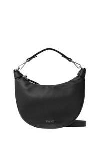 Borsa a spalla in pelle nera con forma semi-circolare, caratterizzata da una finitura testurizzata, manico corto e dettagli in metallo argentato.