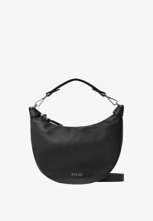 Must mustr täiustunud must nahkne õla kott, millel on poolringikujuline kuju, tekstuuriga viimistlus, lühike sang ja hõbedased metalldetailid.