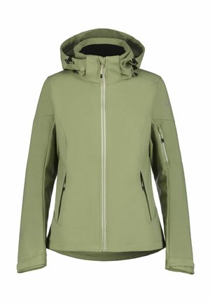 Light green hooded softshell jacket with front zip, two side zip pockets, and zippered sleeve pocket, designed for outdoor use.