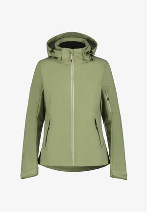 Light green hooded softshell jacket with front zip, two side zip pockets, and zippered sleeve pocket, designed for outdoor use.
