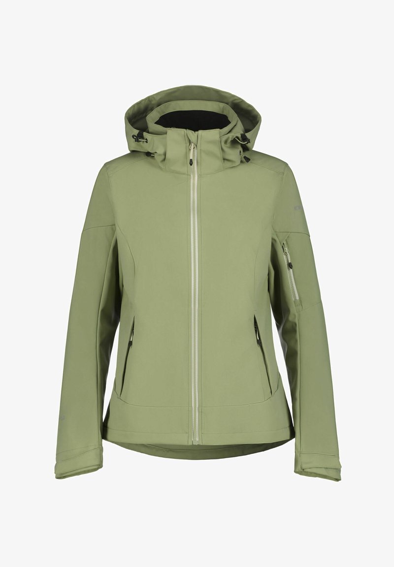 Chaqueta softshell de color verde claro con capucha, cremallera frontal, dos bolsillos laterales con cremallera y bolsillo en la manga con cremallera, diseñada para uso al aire libre.