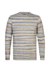 Pull en tricot doux, avec des rayures horizontales dans des tons beige, bleu et marron. Encolure ronde classique et manches longues.