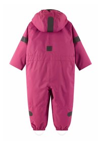 Magenta jednocísky s kapucí, s černými akcenty na rukávech a nohavicích, elastickými manžetami a hladkým, voděodolným povrchem.