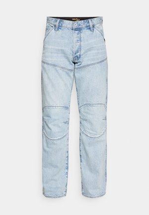 Light blue denim jeans featuring reinforced knee patches, a straight leg cut, contrast stitching, and a classic five-pocket design.