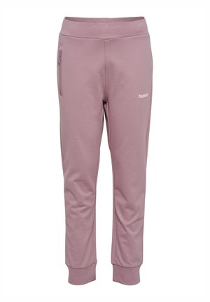 Mauve taps toelopende sweatpants met elastische tailleband, ritszak op linker dij, omgeslagen enkels en klein wit "hummel"-logo op rechter dij.