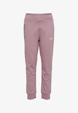 Mauve tilspidsede joggingbukser med elastisk linning, lynlås lomme på venstre lår, manchetter ved anklerne og lille hvidt "hummel" logo på højre lår.