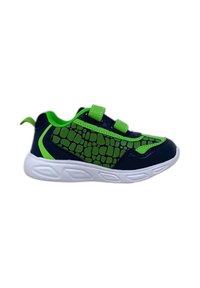 Scarpe per bambini nere e verdi con un motivo in pelle di coccodrillo, dotate di suole bianche e due cinturini in velcro verdi per una facile chiusura.