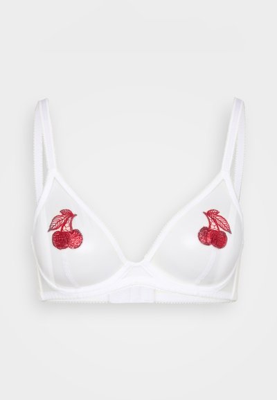 Beli trokutasti modrček z rdeče vezenimi češnjami na košaricah, prosojni tkanini, nastavljivimi naramnicami in zapiranjem z zatičem na hrbtu.