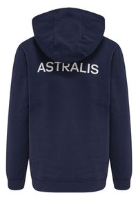 Marinblå hoodie med stor vit text "ASTRALIS" på baksidan, med en dragsko i huvan och ribbade muddar och nederkant. Mjuk tygtextur.