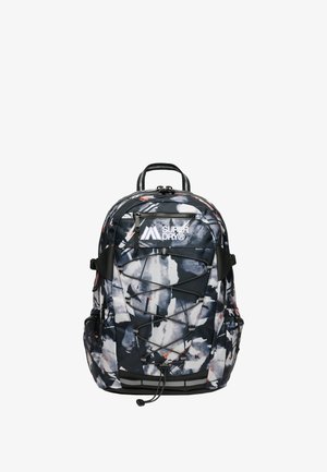 Zaino multi-scomparto in nero, grigio e bianco con motivo a macchie, spallacci regolabili, corda elastica frontale e dettaglio del logo.