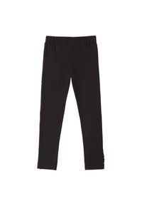 Leggings noirs avec une taille élastique, un design moulant et un détail froncé texturé sur les côtés. Fabriqués en tissu extensible.