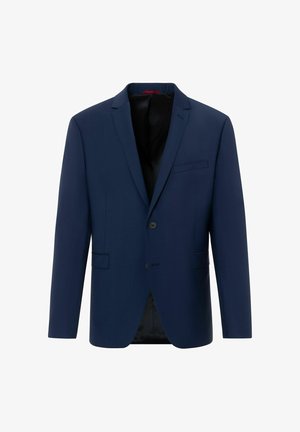 Navy blue blazer featuring a two-button front, single chest pocket, and two side pockets. Smooth fabric with a classic lapel design.